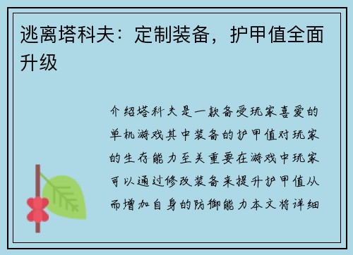 逃离塔科夫：定制装备，护甲值全面升级
