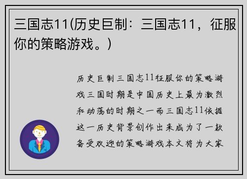 三国志11(历史巨制：三国志11，征服你的策略游戏。)